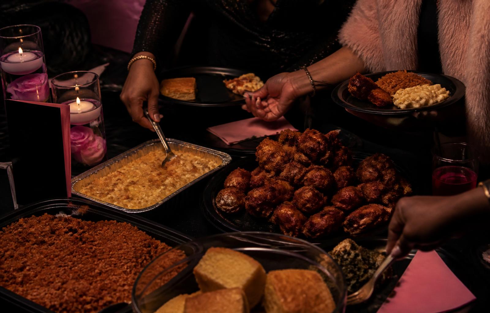 Soul food spread laid out at a private celebration